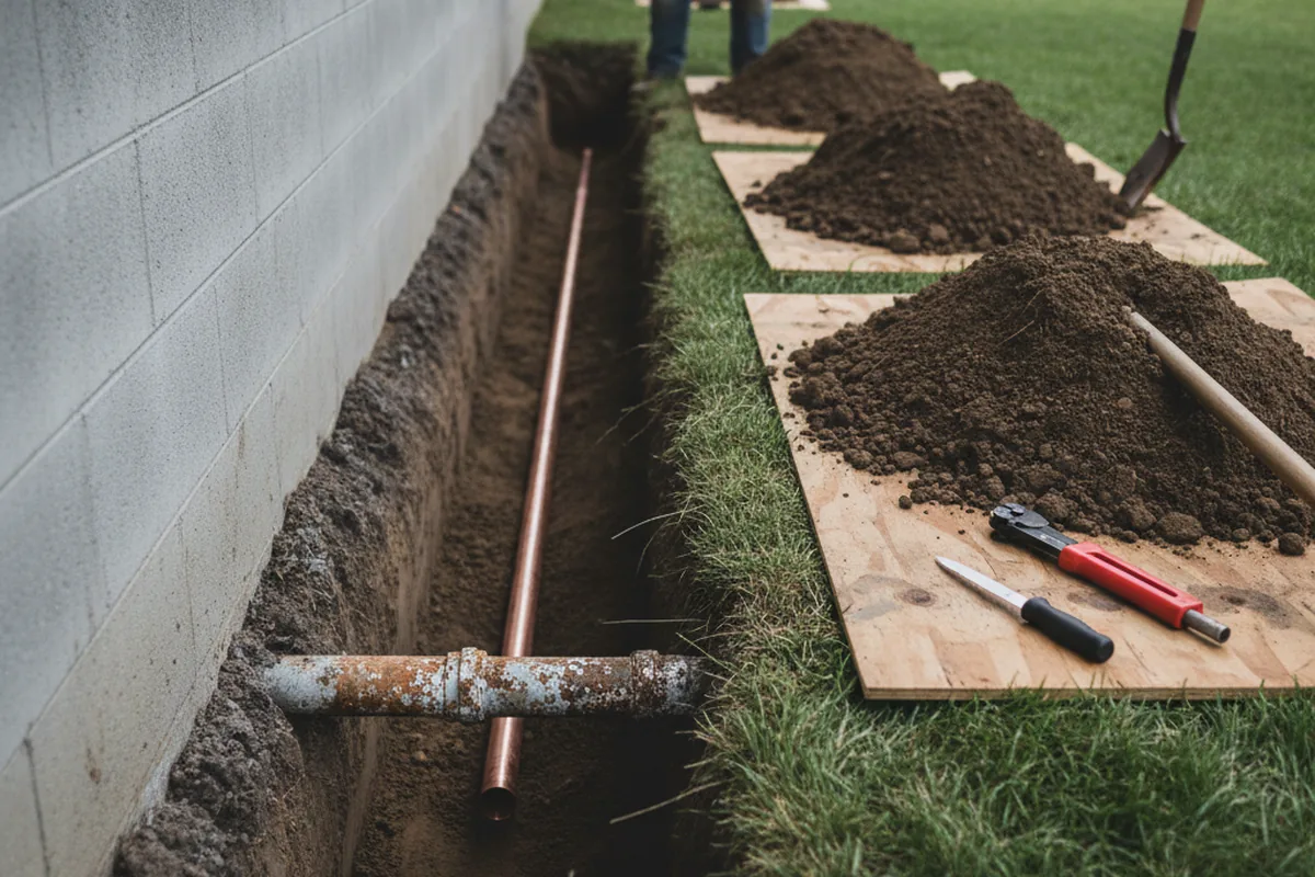 Excavated water line trench during Water Softener Installation in Middlebury